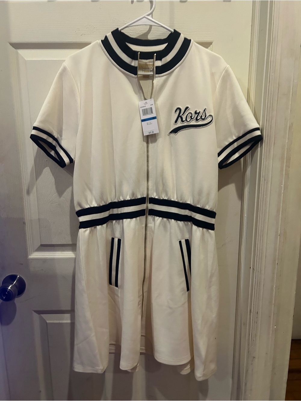 Michael Kors Cream One-Piece Zip Dress with Navy Trim